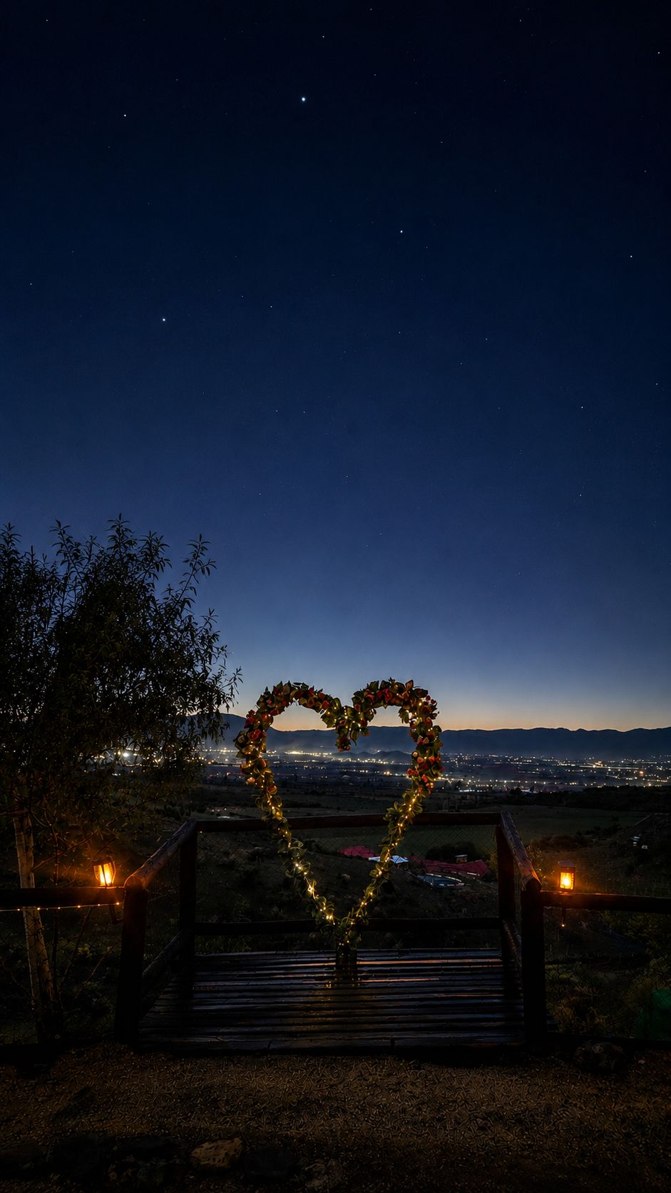 Mirador del corazón iluminado sobre las luces del valle