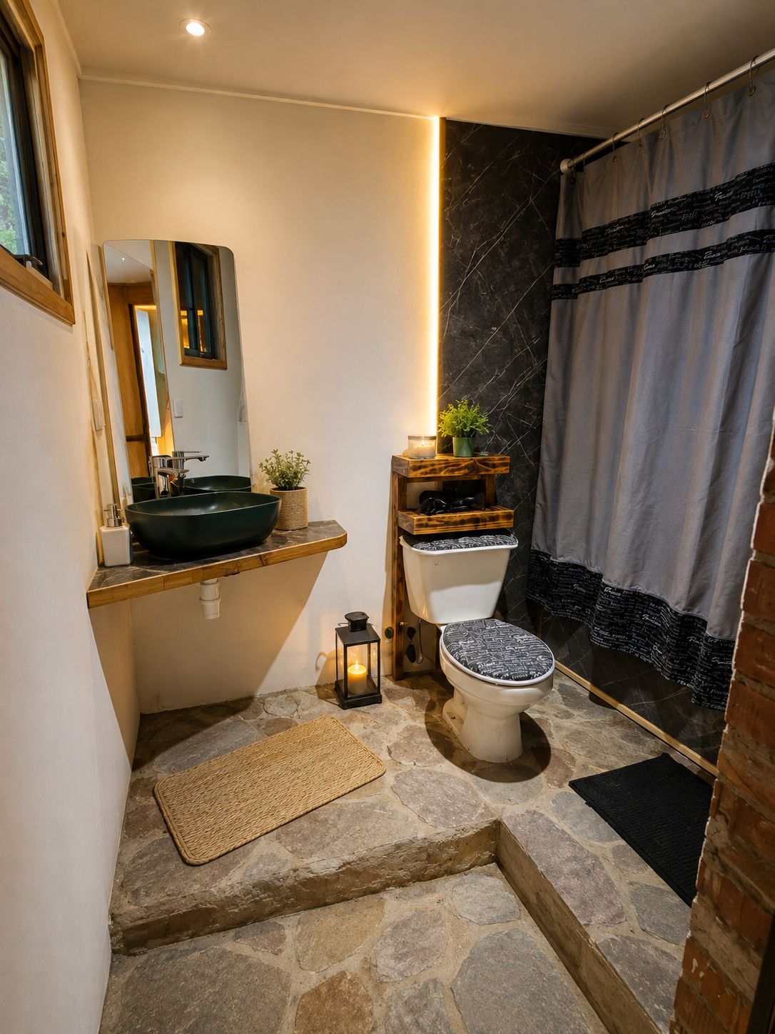 Baño de la cabaña con piso de piedra