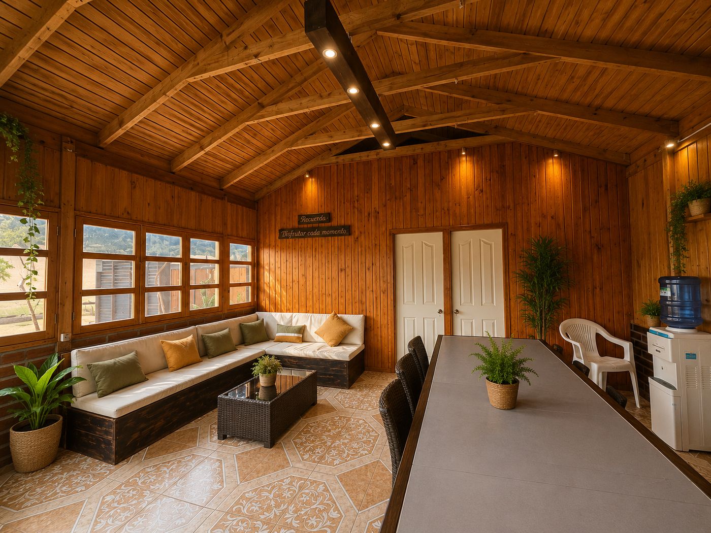 Living de la cabaña con sofá y techo de madera